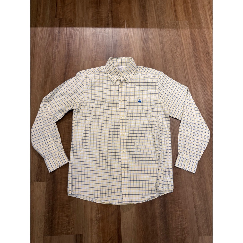Brooks Brothers Button Down Mens Medium Yellow Blue Regent Fit Non-Iron Stretch
